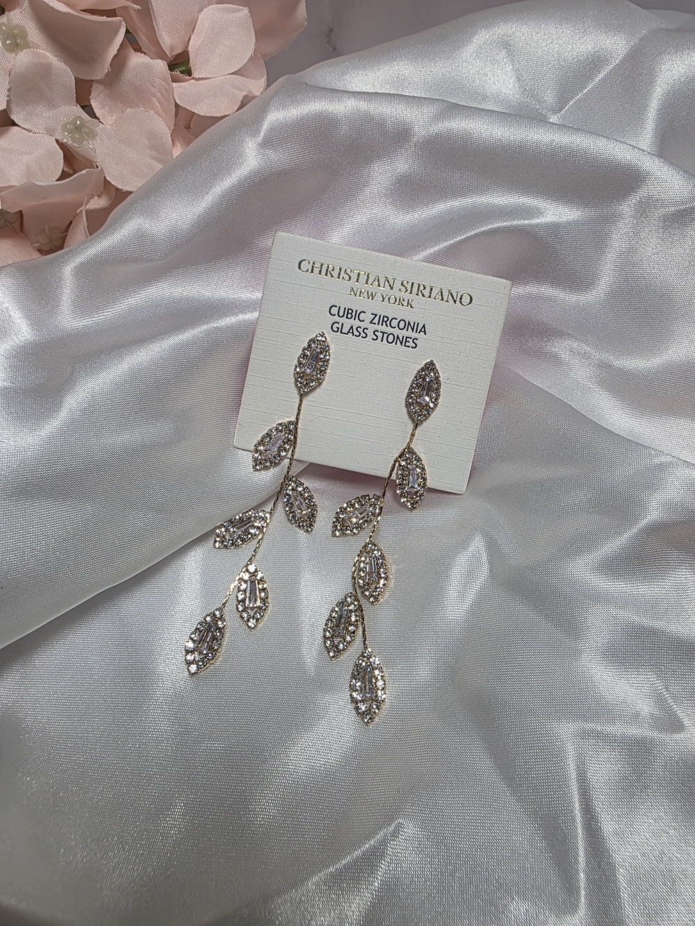 Christian Siriano - Gold Leaf Drop Earrings with Clear Glass Stones